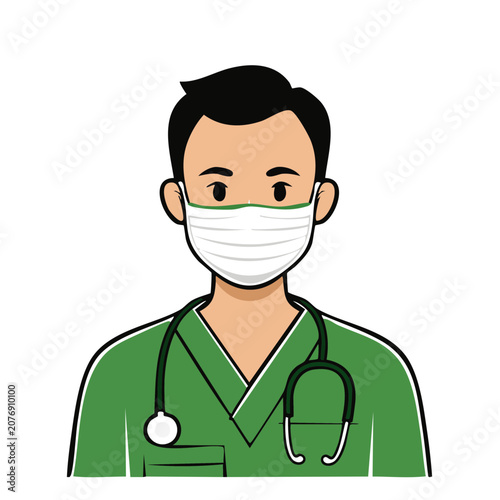 Male doctor in green scrubs with stethoscope and face mask