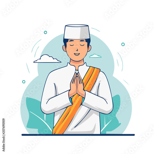 Man in traditional clothing praying, flat vector illustration
