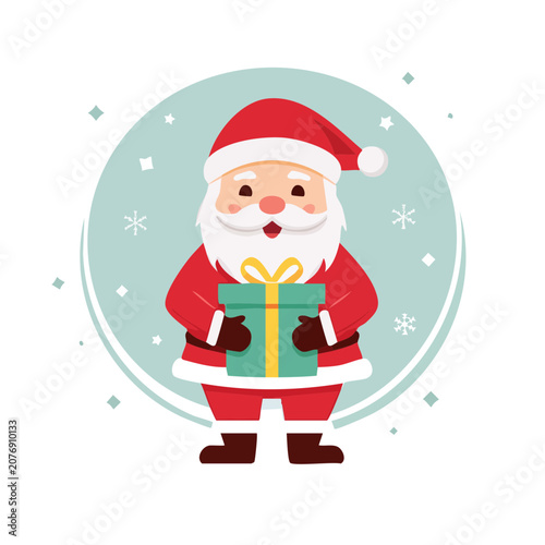 Santa Claus holding a gift box in flat vector style