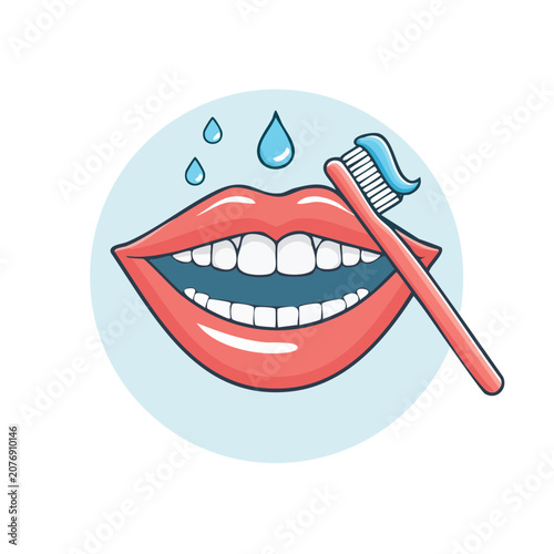 Smiling mouth with toothbrush and water droplets vector illustration