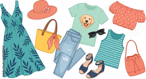 Women fashion clothing and accessories collection featuring summer dress handbag denim jeans footwear and casual apparel vector illustrations