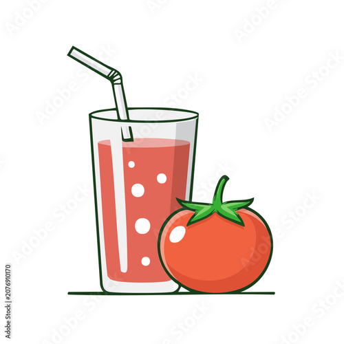 Tomato juice in glass with straw and whole tomato