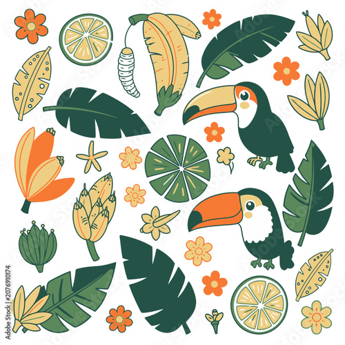Tropical Toucan Birds and Plants Flat Vector Illustration