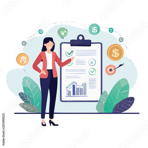 Businesswoman presenting checklist and financial icons