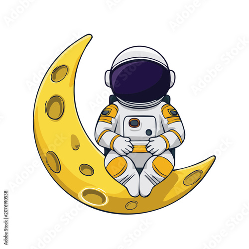 Cartoon astronaut sitting on crescent moon vector illustration