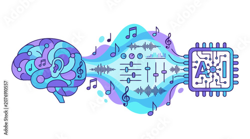 Artificial intelligence generating music from human brain activity concept illustration. EPS Editable