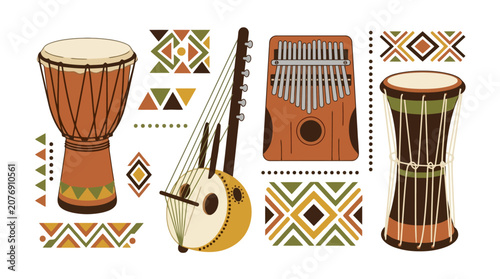 Collection of traditional African musical instruments and ethnic patterns. EPS Editable