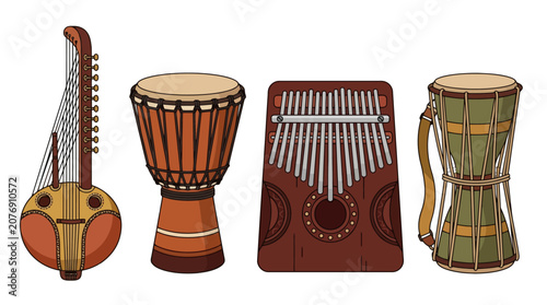 Collection of traditional African musical instruments including drums and stringed instruments. EPS Editable