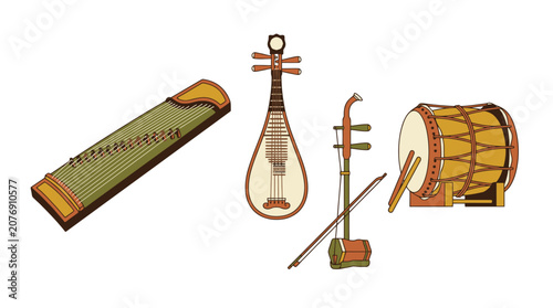 Collection of traditional Chinese musical instruments including guzheng pipa erhu and drum. EPS Editable