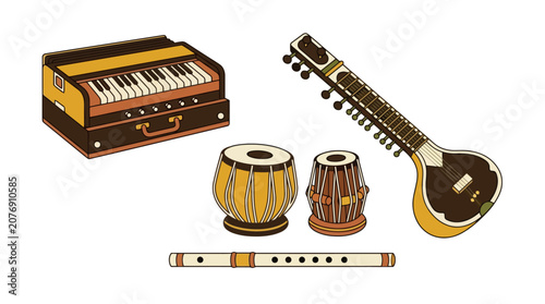 Collection of traditional Indian musical instruments including sitar tabla harmonium and flute. EPS Editable