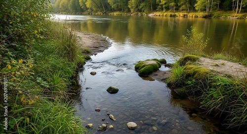 Polar bear swimming in clear freshwater river.
