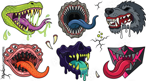 Tablou pe pânză Horror monster mouth collection featuring creepy creature jaws sharp fangs grote