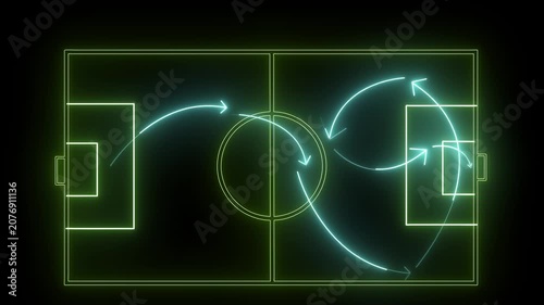 Abstract Sports Presentation Background of Football Playbook Tactical Movements with Neon Saber Glowing Lines in a 3-Times Repeated Loop Sequence