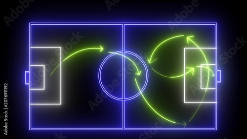 Futuristic Neon Green Football Tactical Field Board Animation Featuring Glowing Saber Light Arrows with 3-Time Seamless Loop Effect for Sports Strategy Analysis