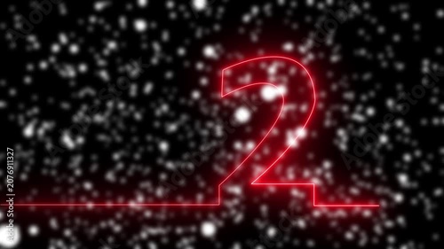 Futuristic Neon Red Number Two Glowing Line Animation with Dynamic Saber Effects and Sparkling Particle Snow Background