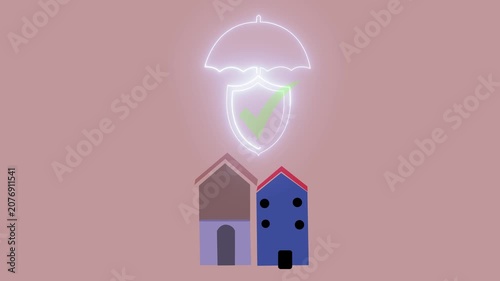 : Glowing purple neon line art animation of home insurance icon with houses, shield and checkmark for property protection.