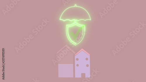 Glowing green neon animation of house insurance icon with umbrella and shield for real estate security.