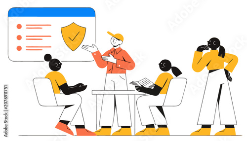 Professional team meeting with cybersecurity presentation in modern flat vector style for corporate training and digital security awareness concepts