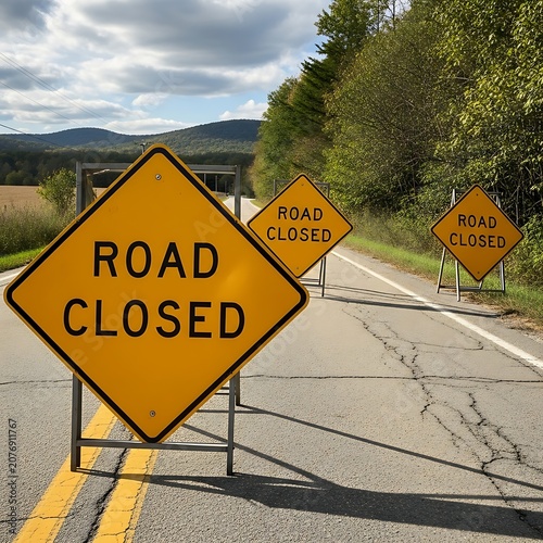 Road closed warning sign on rural street.