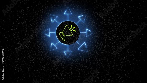 Digital data sharing and file distribution concept with multi directional glowing blue neon arrows animation.