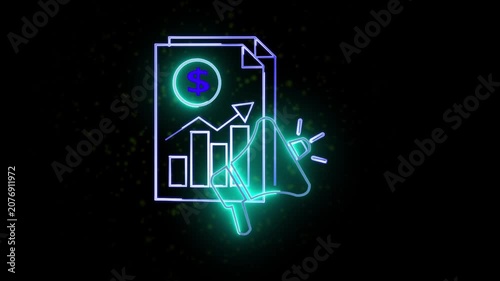 Financial report document animation with growing bar chart graph and global economy concept in neon lines.