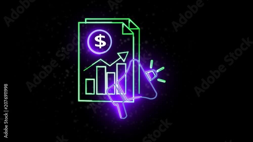 Glowing neon business analysis report icon with dollar sign and revenue growth chart graph animation.