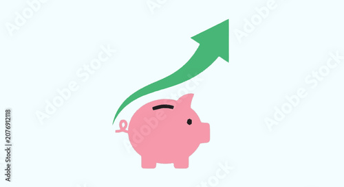Hand-drawn flat graphic illustration of a pink piggy bank with a curly