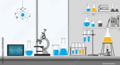 Hand-drawn flat graphic illustration of a science laboratory setup fea