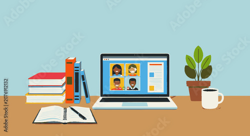 Hand-drawn flat graphic illustration of a productive study desk with s