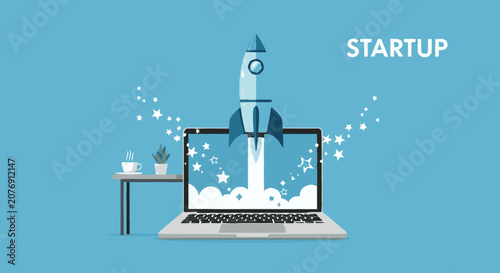 Hand-drawn flat graphic illustration of a silver laptop showing a star