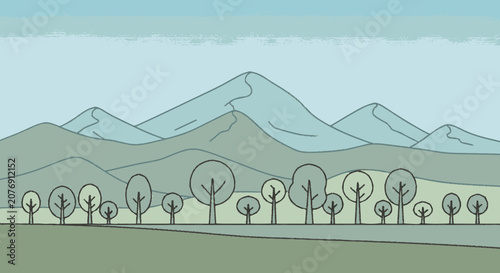 Hand-drawn flat graphic illustration of a tranquil landscape with laye