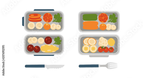 Hand-drawn flat graphic illustration viewed from top of two open lunch