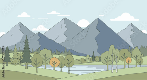 Hand-drawn flat graphic illustration showing a peaceful natural landsc
