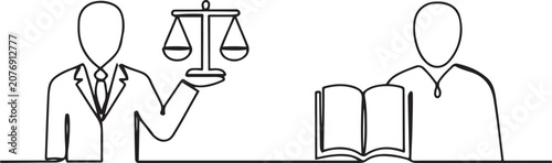 Photos A prosecutor and lawyer holding scales of justice and a book of justice