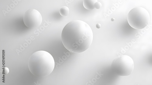 Abstract white spheres floating on a clean white background with soft shadows.