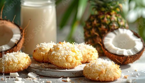 Tropical coconut macaroons with fresh pineapple and coconut milk