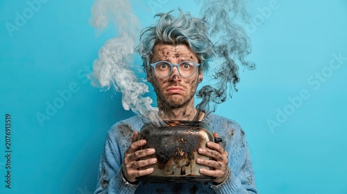 Shocked man with soot covered face and messy blue hair holding a smoking burnt toaster surrounded by smoke expressing distress and failure in a kitchen mishap against a vibrant blue background studio