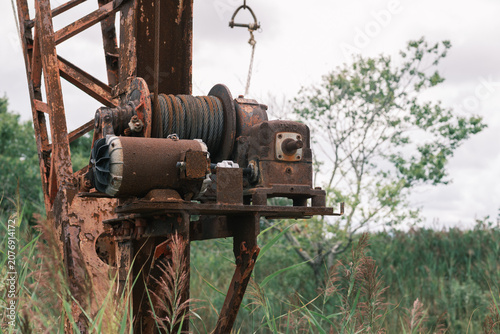 Картината върху платно Derelict industrial crane with rusty winch in overgrown field