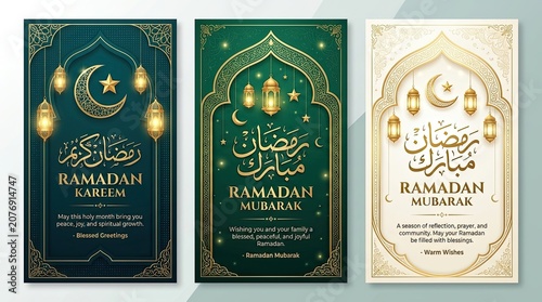 Ramadan mubarak and ramadan kareem greeting cards with arabic calligraphy
