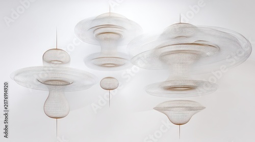 Abstract wire sculptures against a white background artistic design