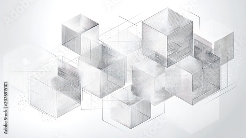 Abstract geometric composition of transparent cubic shapes on white background