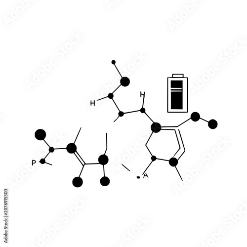 Illustration of a molecular structure with atoms, bonds, and a battery icon on a white background