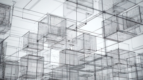 Abstract 3 d cube grid structure with connection lines on a white background