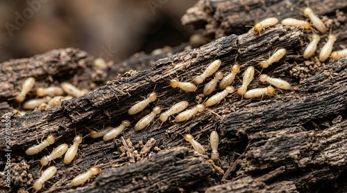 Termites crawling on decaying wood infestation scene