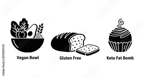 Healthy Food Icons: Vegan Bowl, Gluten-Free Bread, Keto Fat Bomb