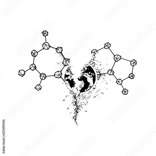 Illustration of a shattered earth globe with molecule structures on both sides in black and white