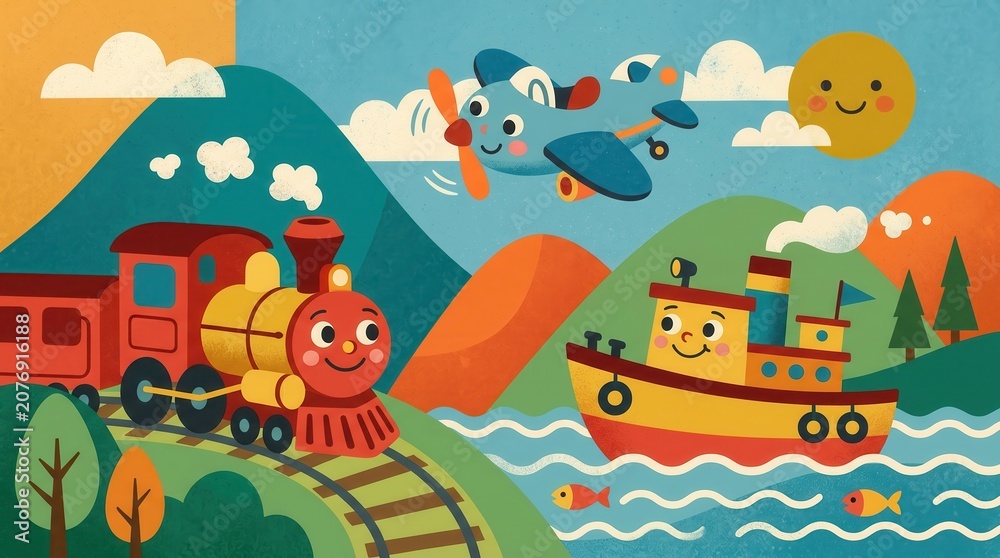 Naklejka premium Smiling train, airplane, and boat travel through a vibrant landscape under a happy sun with fish