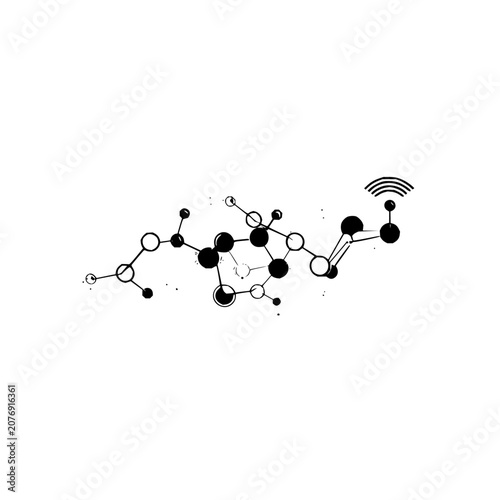 Stylized molecule structure with black and white circles and a wifi symbol on a white background