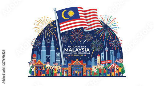 Malaysia National Day Celebration with Flag Fireworks and Happy People in City Skyline