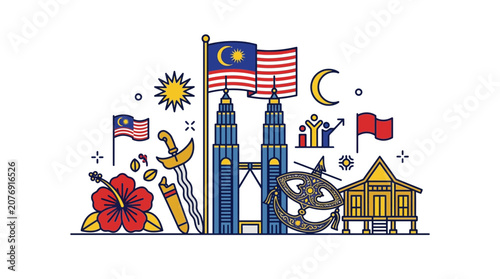 Malaysia National Symbols and Cultural Heritage Landmarks Vector Illustration